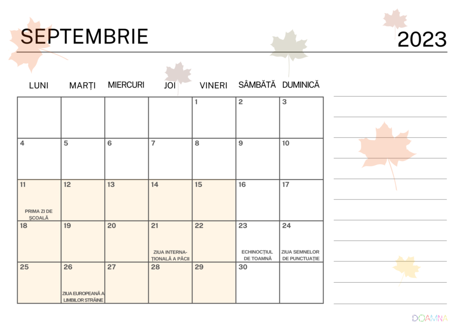 calendar septembrie